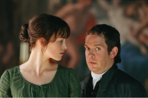 Keira Knightley as Lizzie; Tom Hollander as Mr Collins (image from imdb)